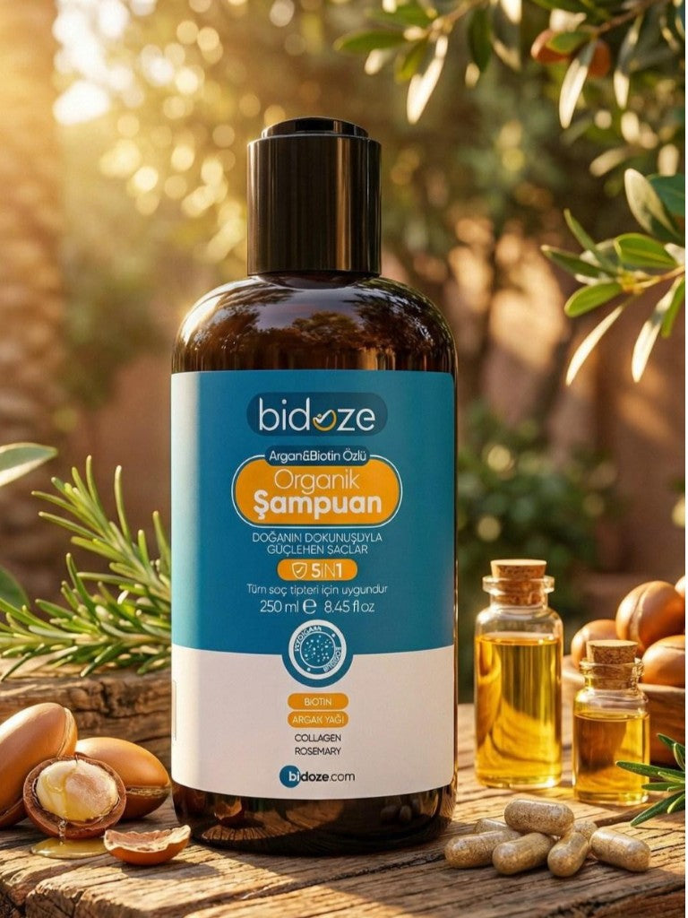 Bidoze Argan & Biotin Özlü Organik Şampuan 250 Ml. | Dökülme ve Kepek Karşıtı Onarıcı Bakım